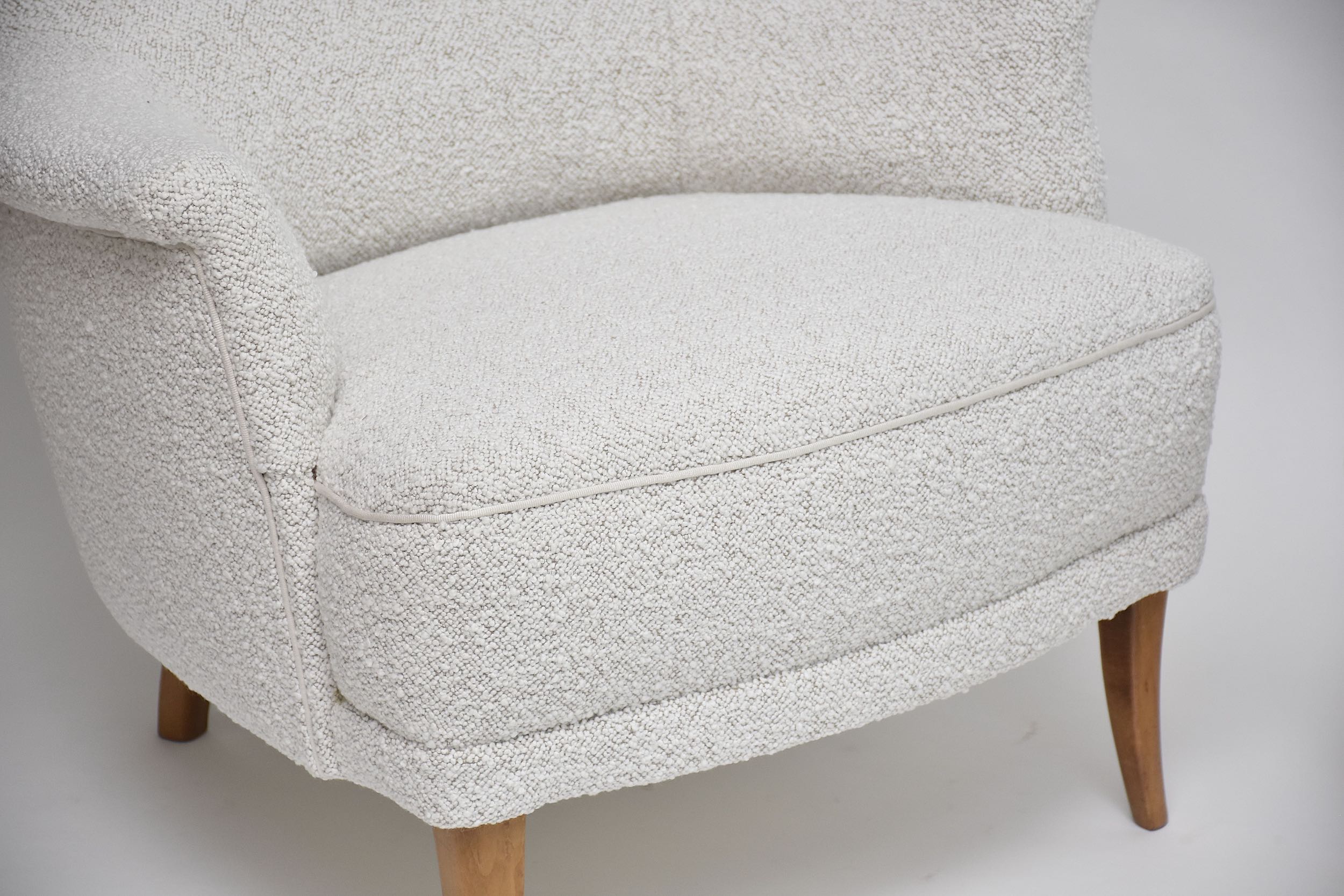 20th c. pair armchairs 'Farmor' by Carl Malmsten in high quality Dedar bouclé fabric