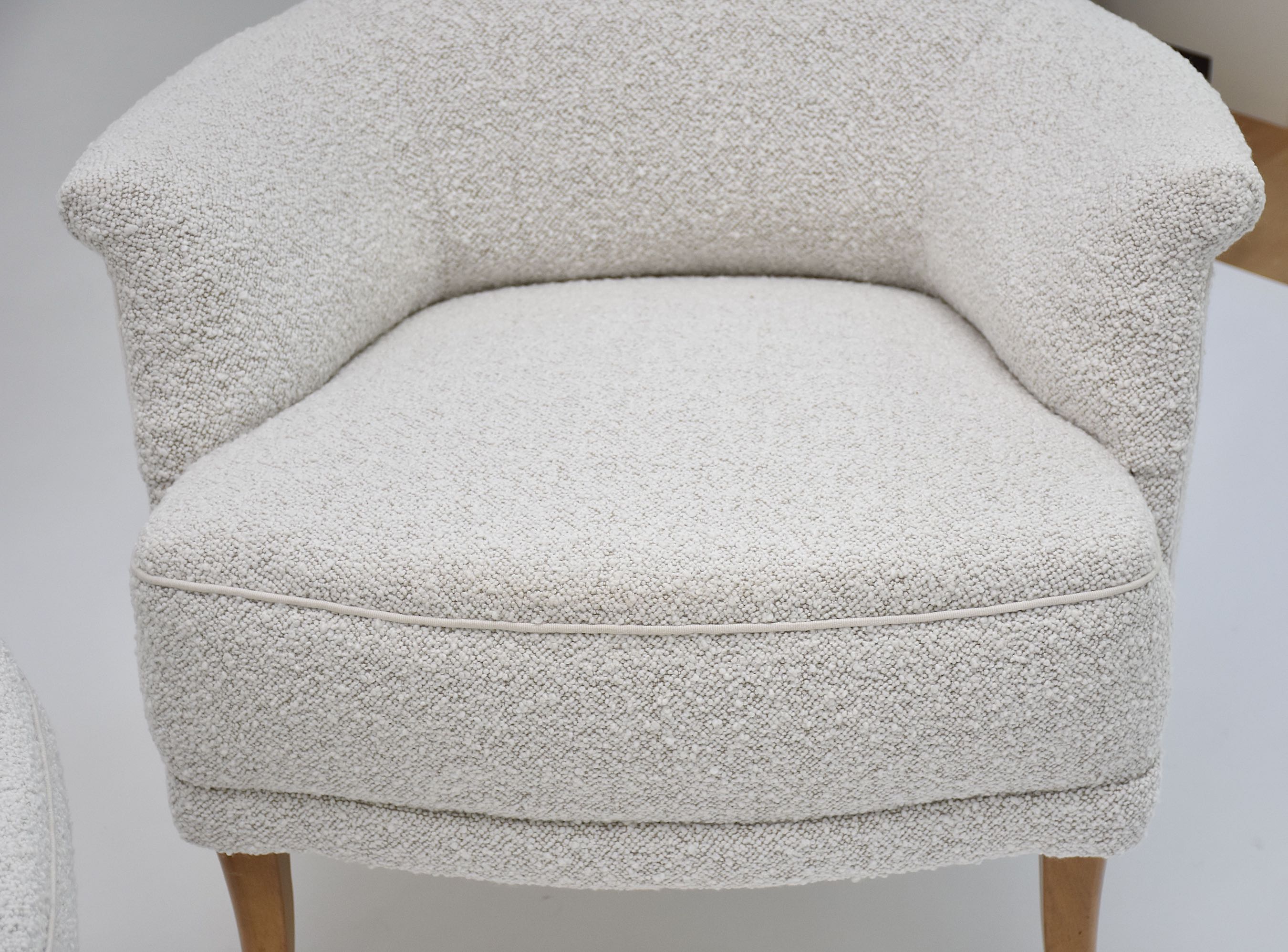 20th c. pair armchairs 'Farmor' by Carl Malmsten in high quality Dedar bouclé fabric