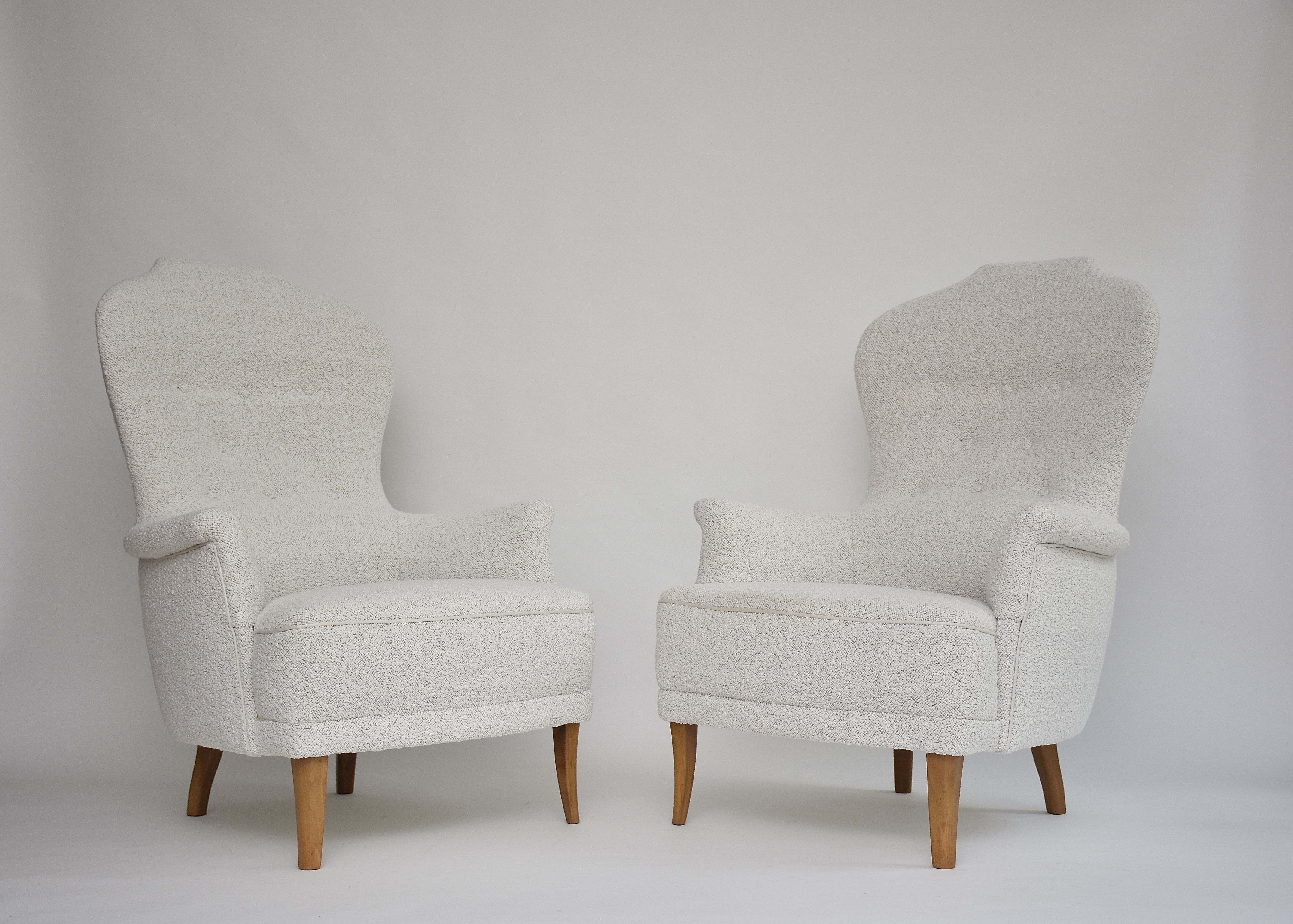 20th c. pair armchairs 'Farmor' by Carl Malmsten in high quality Dedar bouclé fabric