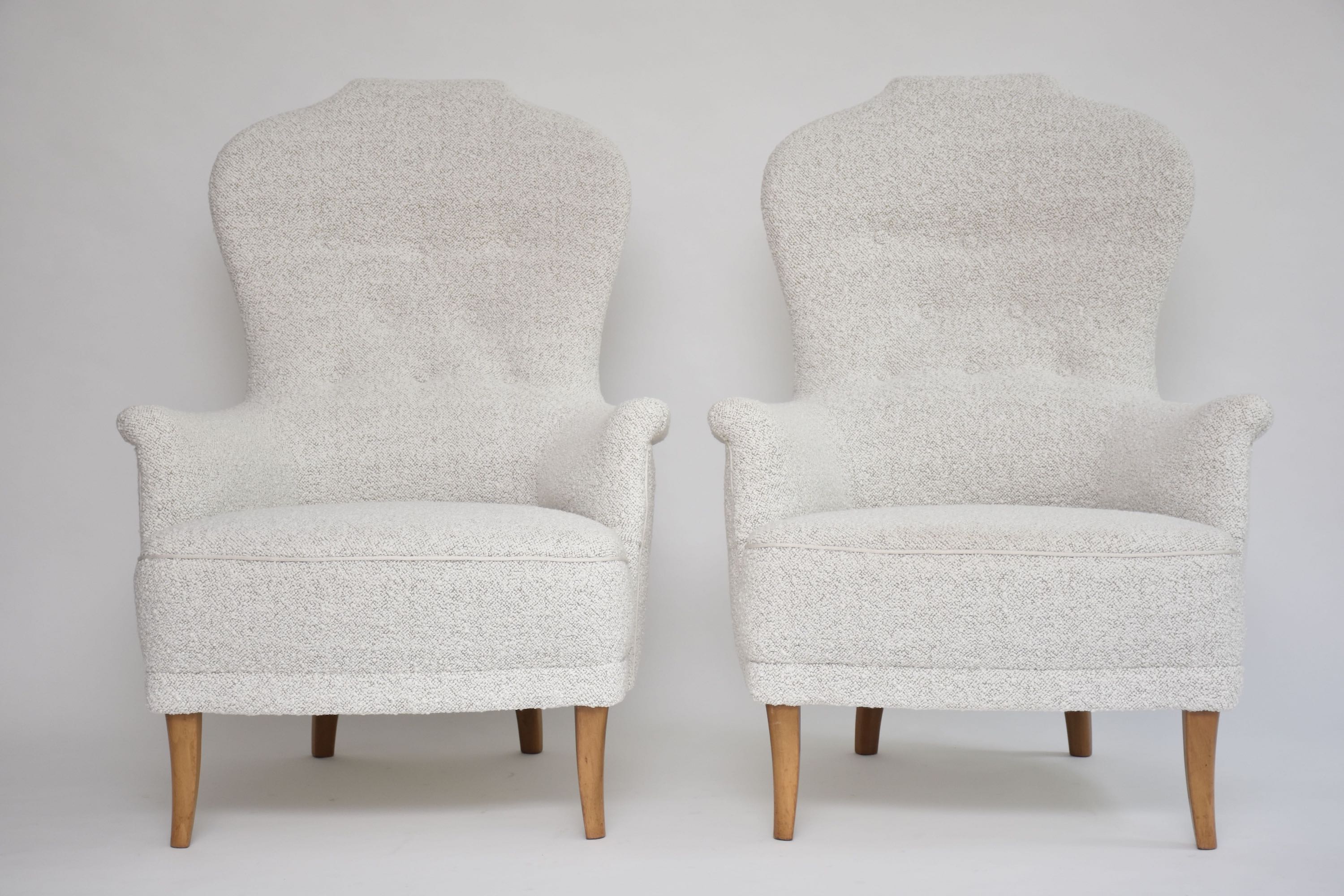 20th c. pair armchairs 'Farmor' by Carl Malmsten in high quality Dedar bouclé fabric