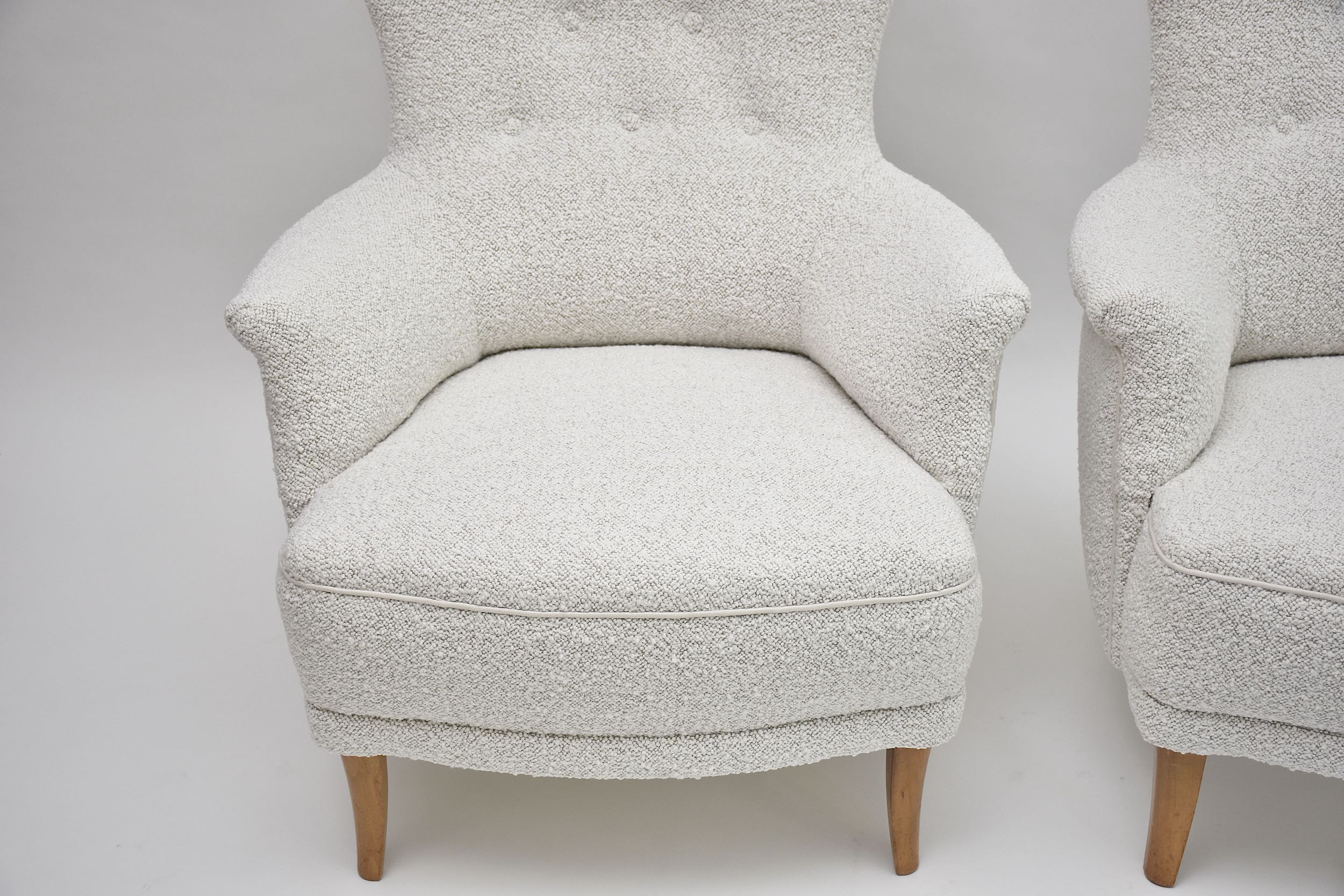 20th c. pair armchairs 'Farmor' by Carl Malmsten in high quality Dedar bouclé fabric