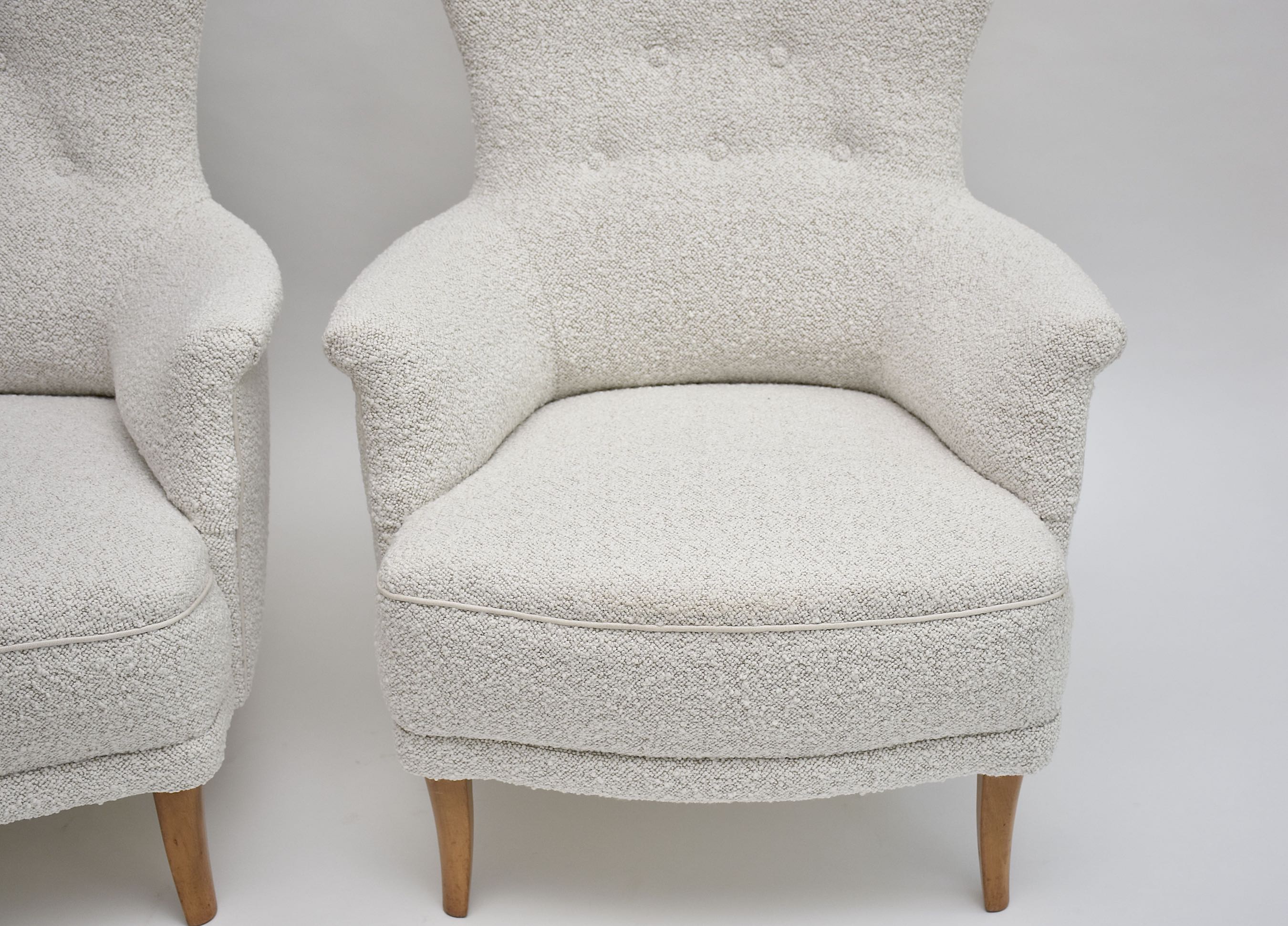 20th c. pair armchairs 'Farmor' by Carl Malmsten in high quality Dedar bouclé fabric