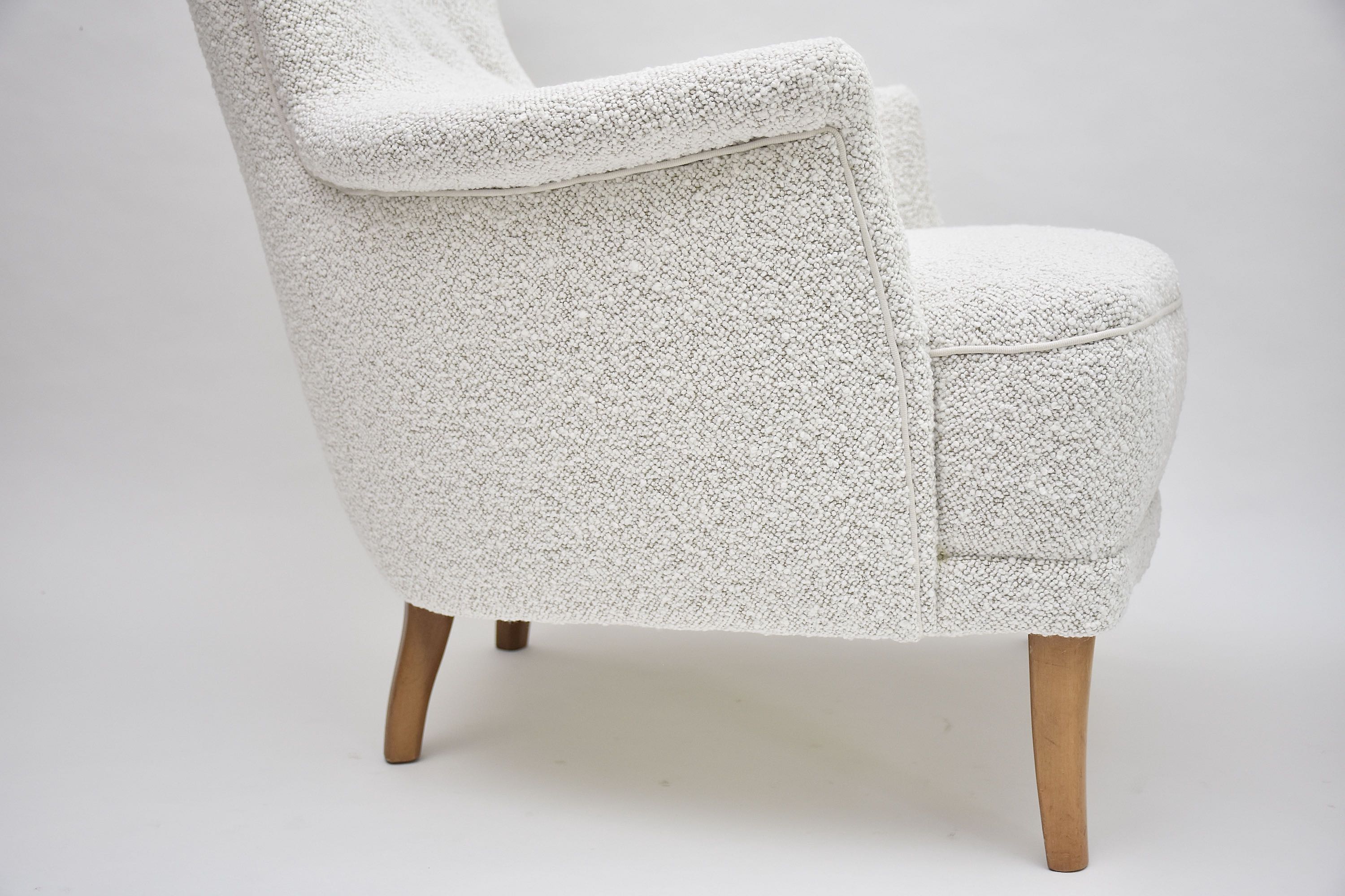 20th c. pair armchairs 'Farmor' by Carl Malmsten in high quality Dedar bouclé fabric