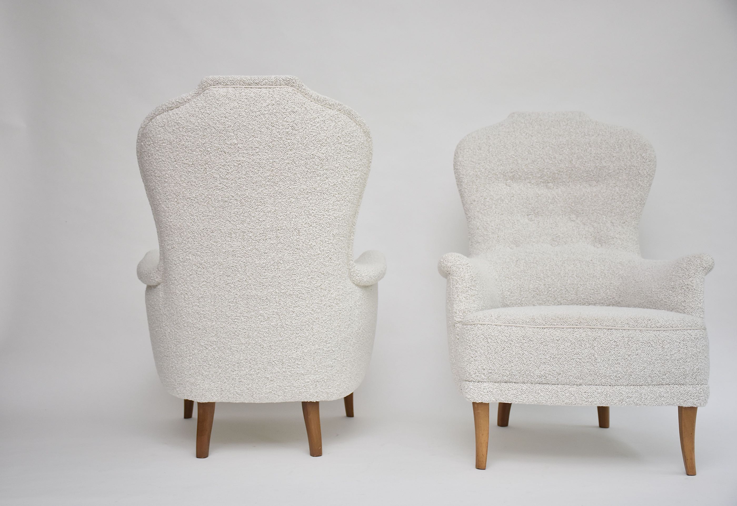 20th c. pair armchairs 'Farmor' by Carl Malmsten in high quality Dedar bouclé fabric