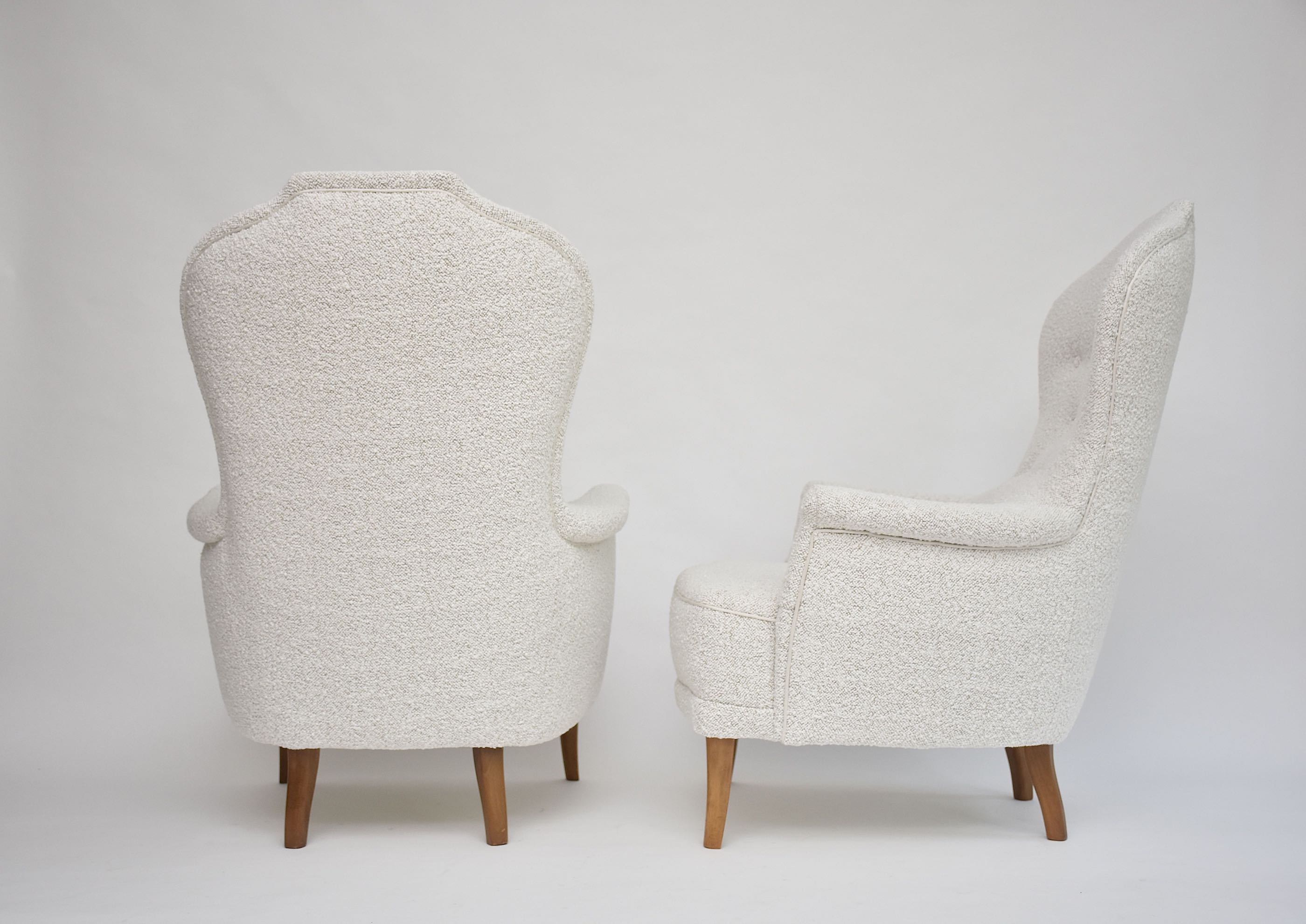 20th c. pair armchairs 'Farmor' by Carl Malmsten in high quality Dedar bouclé fabric