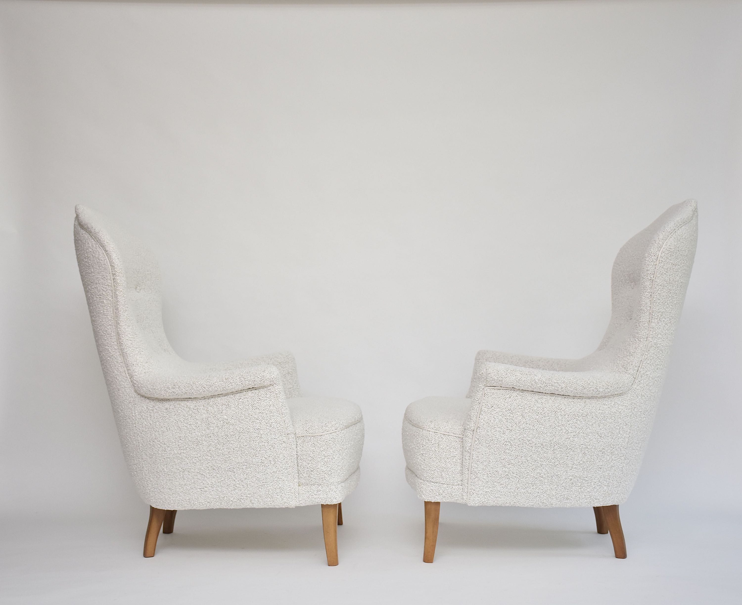 20th c. pair armchairs 'Farmor' by Carl Malmsten in high quality Dedar bouclé fabric