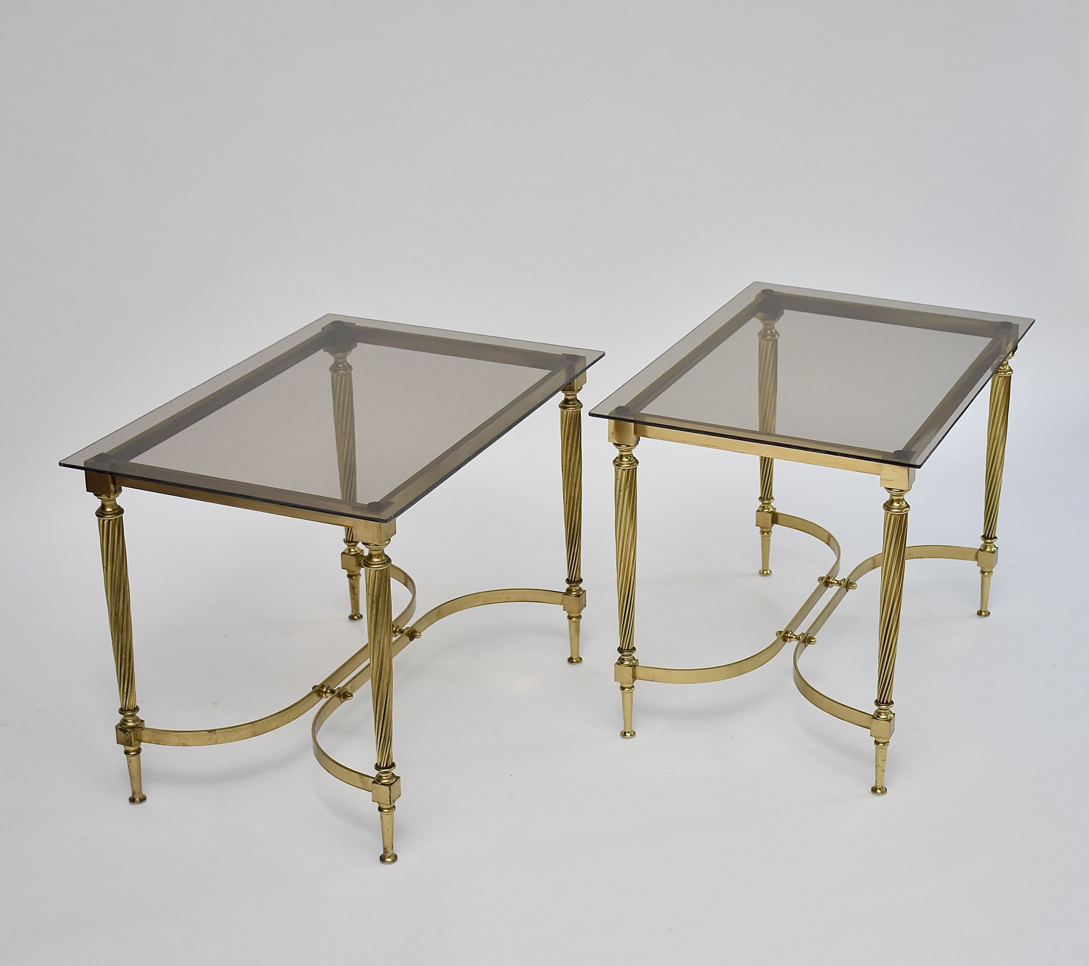 Mid-century pair gilt brass and glass side tables