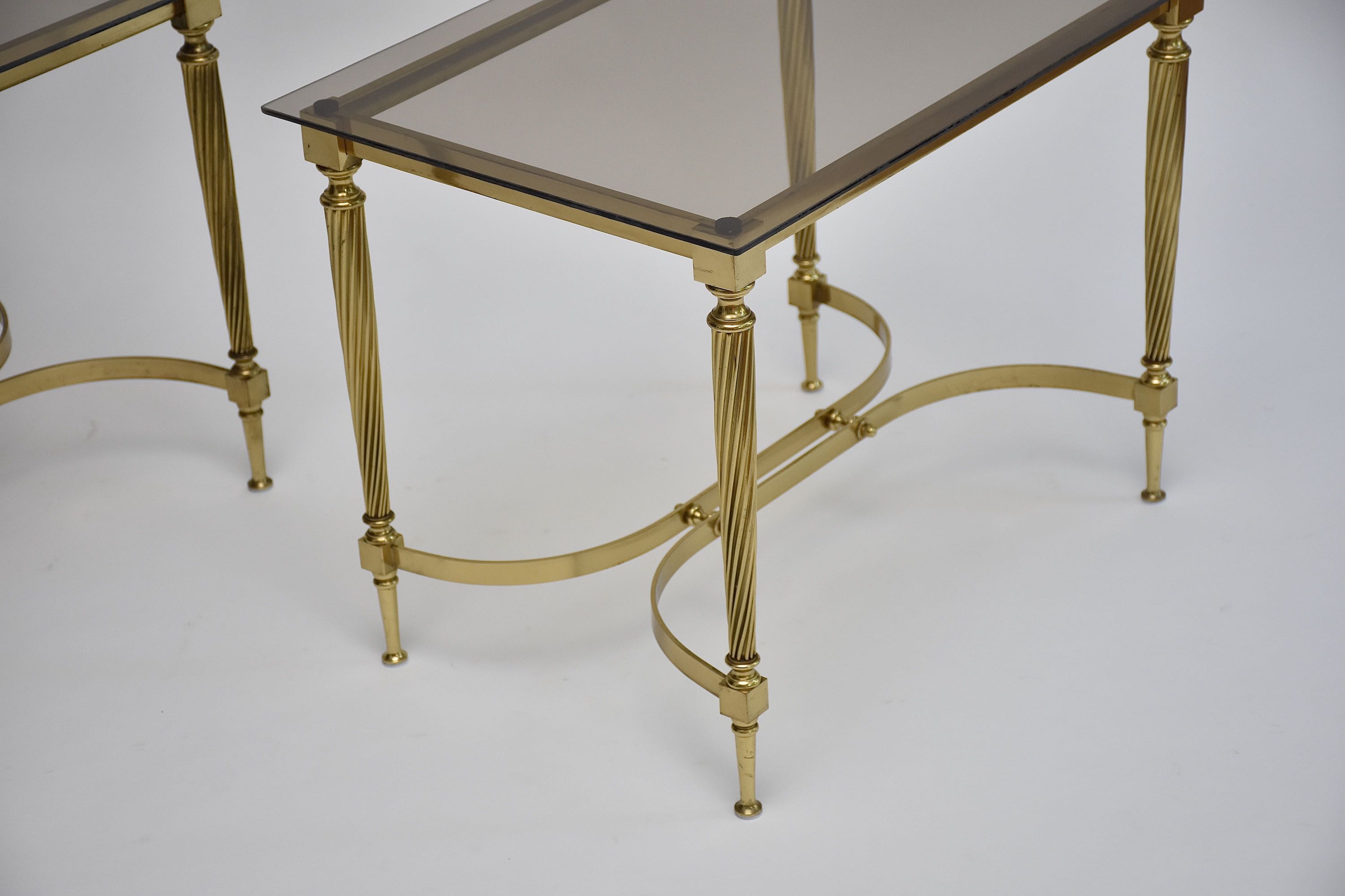 Mid-century pair gilt brass and glass side tables