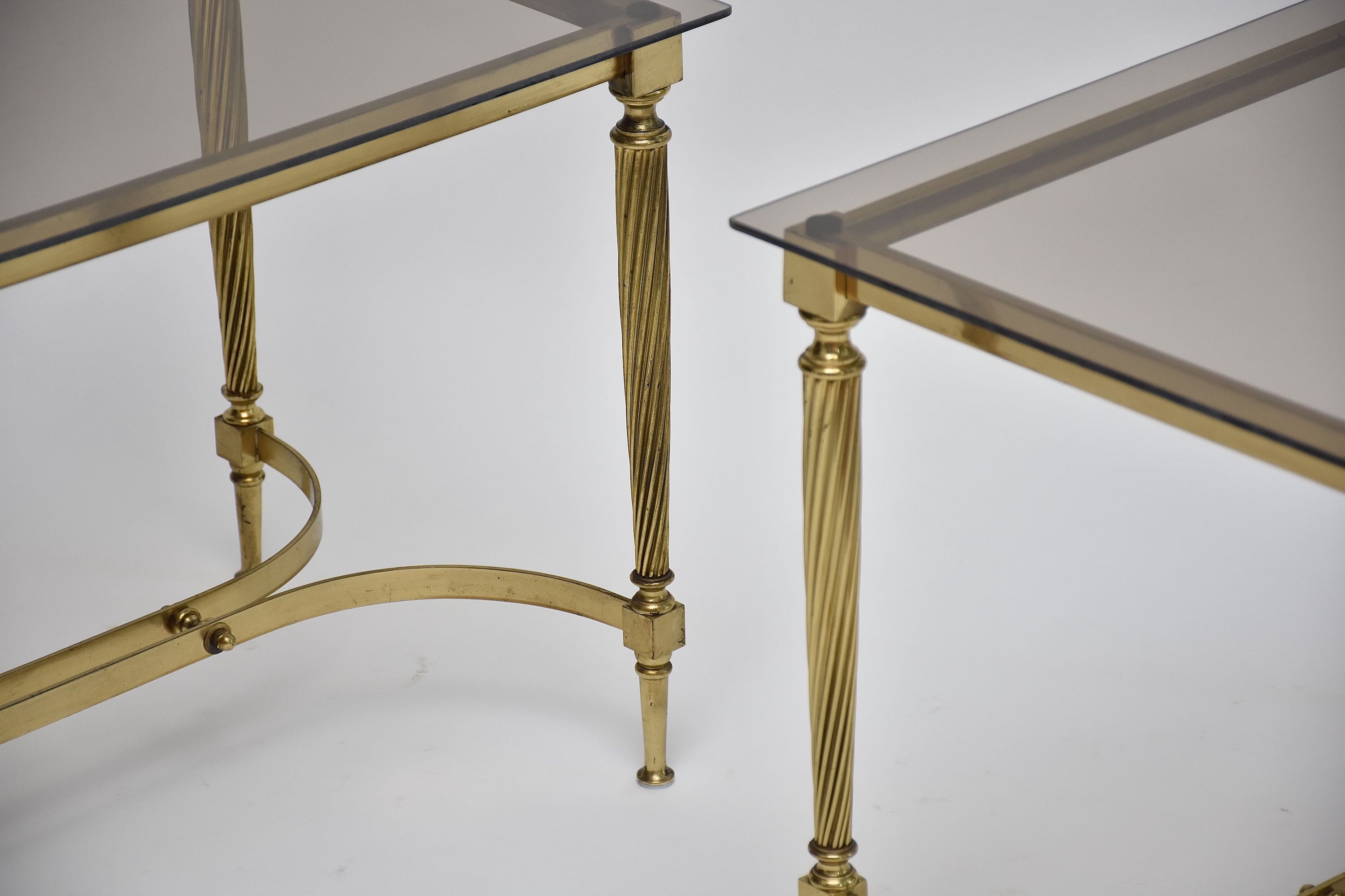 Mid-century pair gilt brass and glass side tables