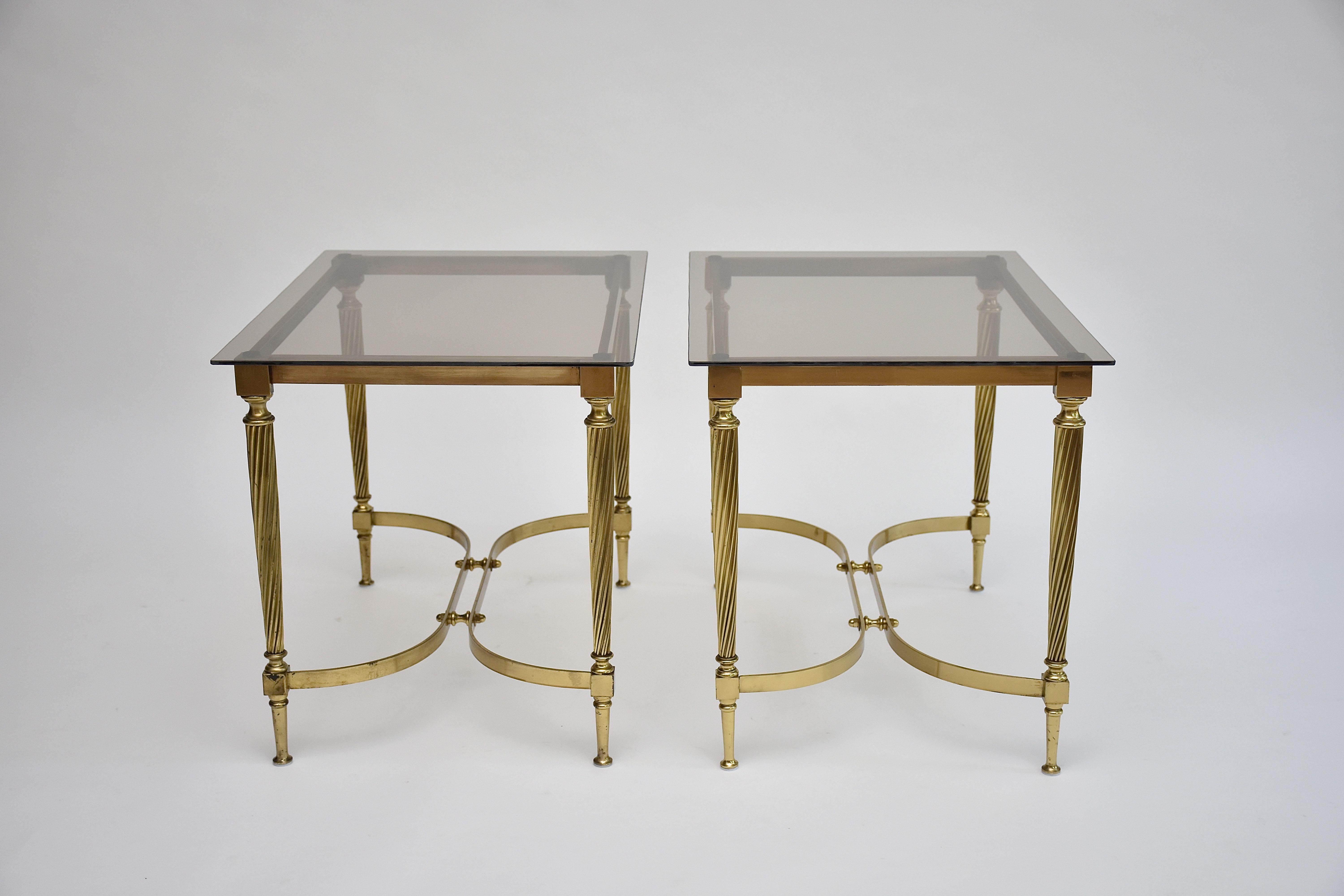 Mid-century pair gilt brass and glass side tables