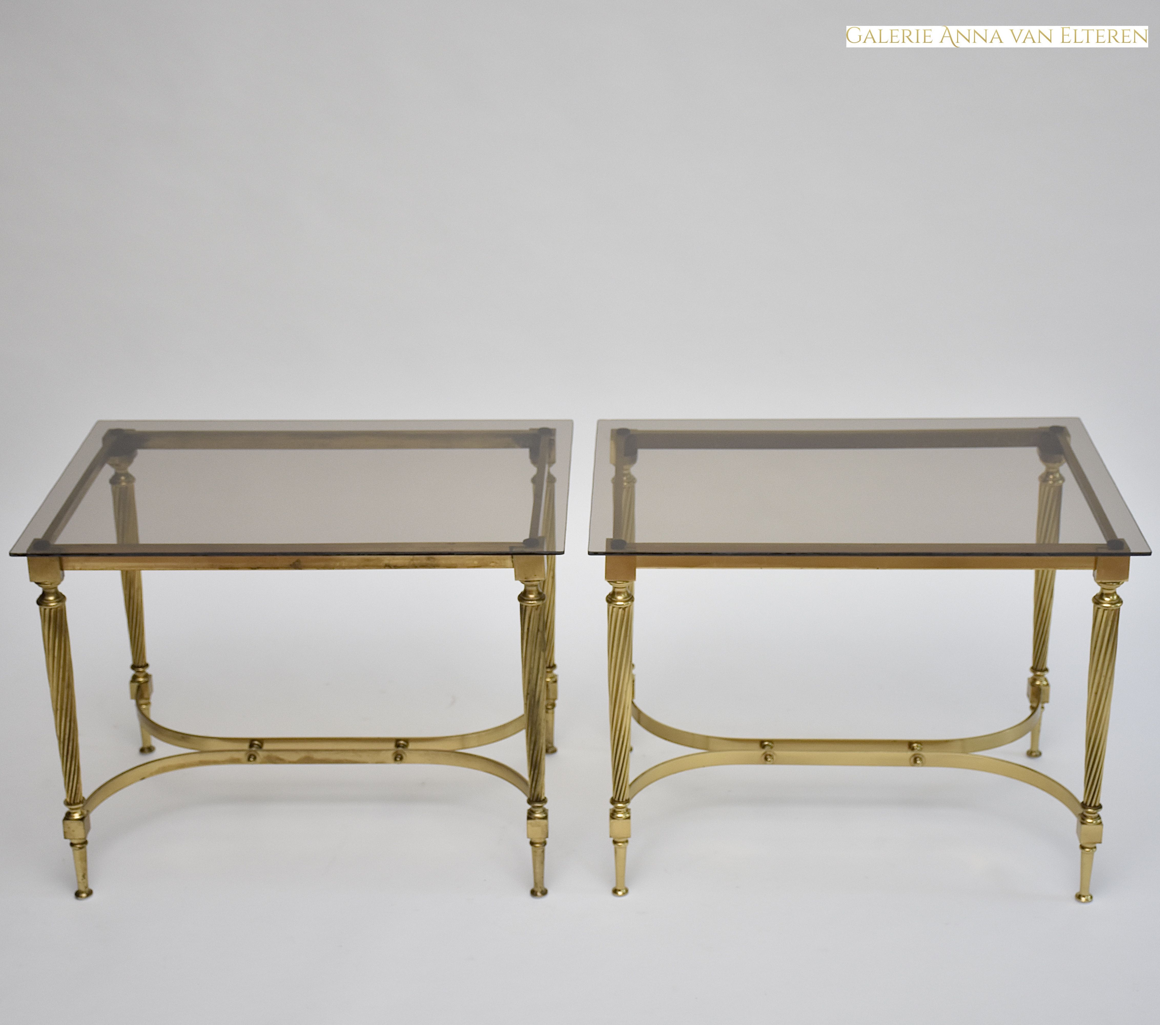 Mid-century pair gilt brass and glass side tables