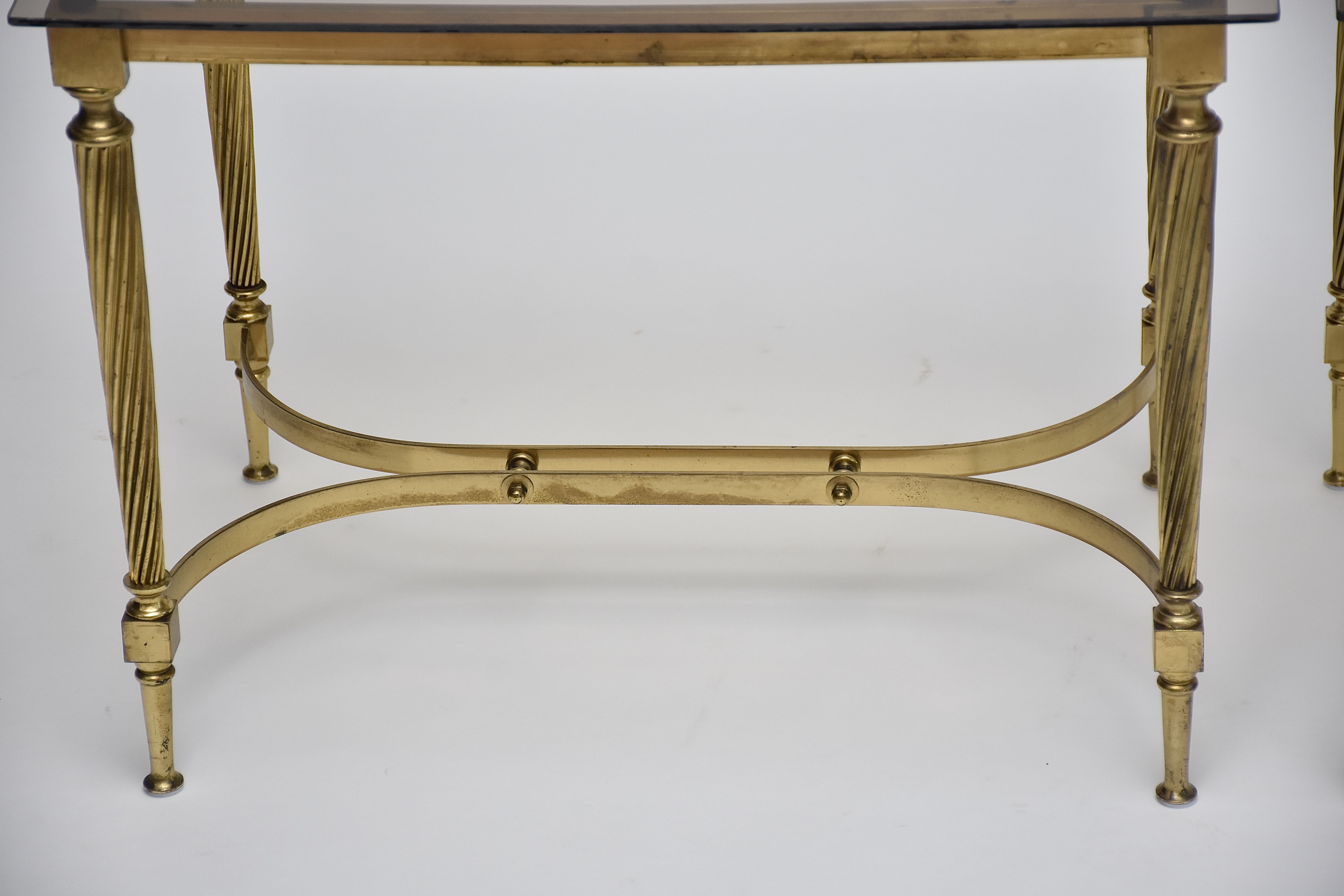 Mid-century pair gilt brass and glass side tables