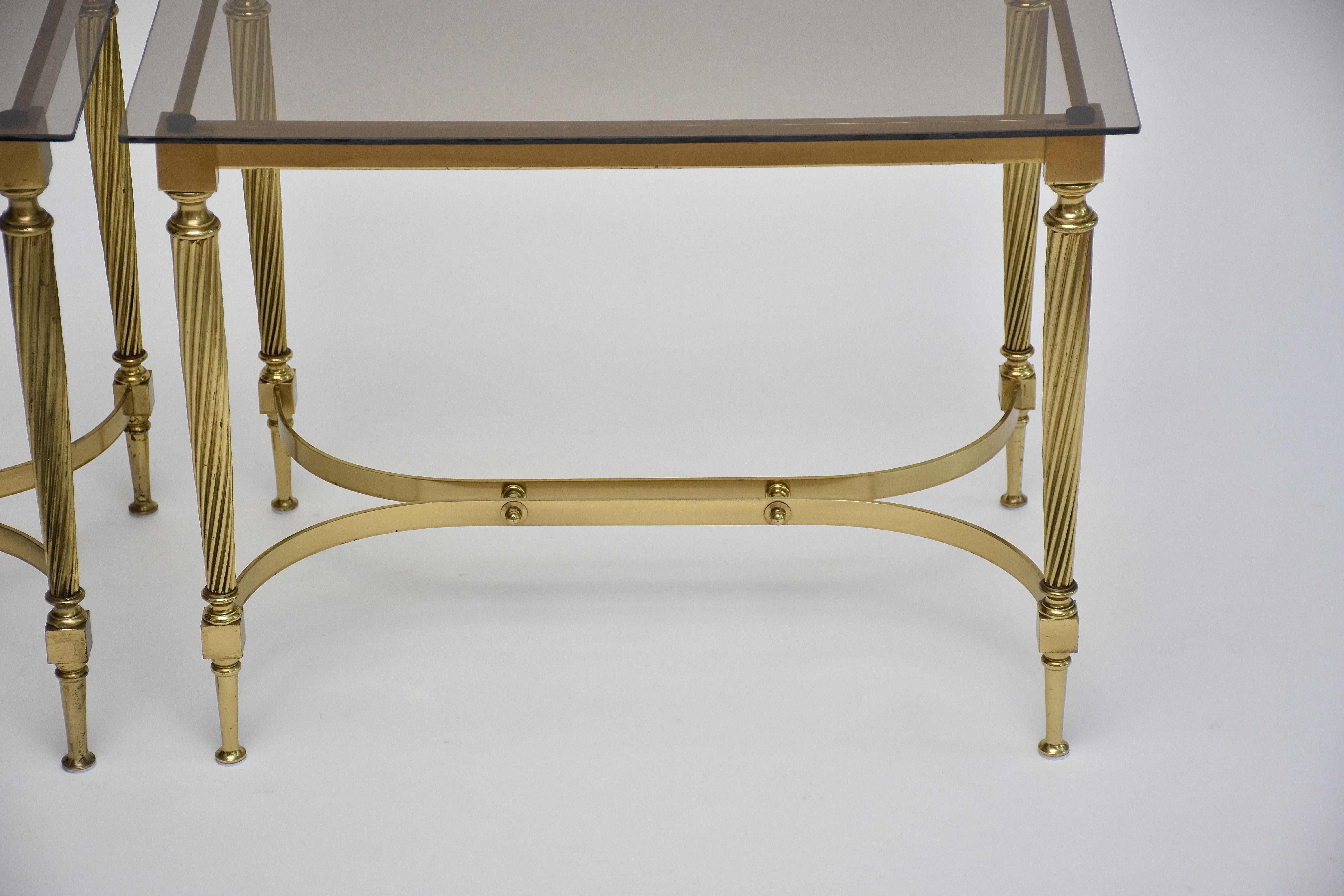 Mid-century pair gilt brass and glass side tables