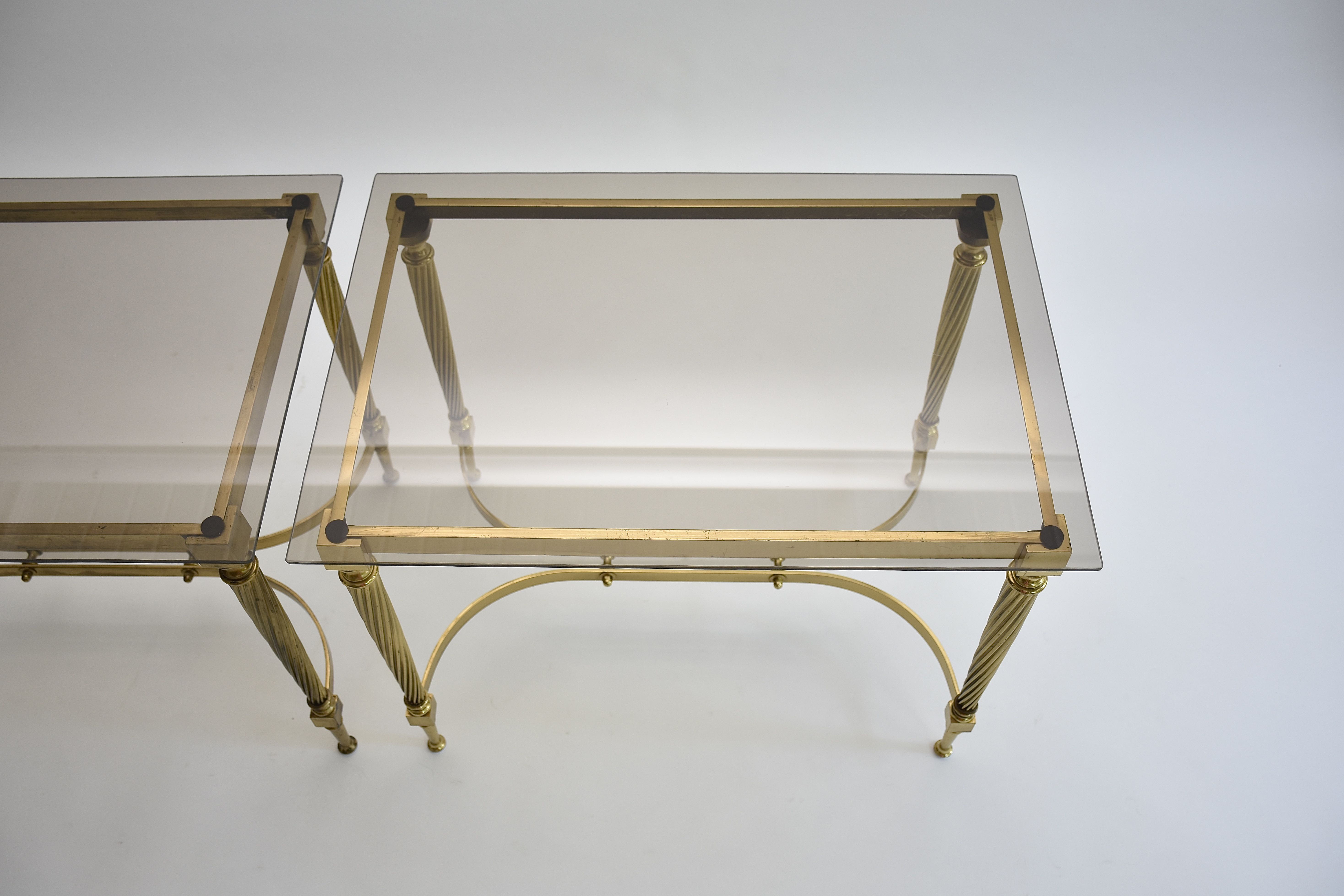 Mid-century pair gilt brass and glass side tables