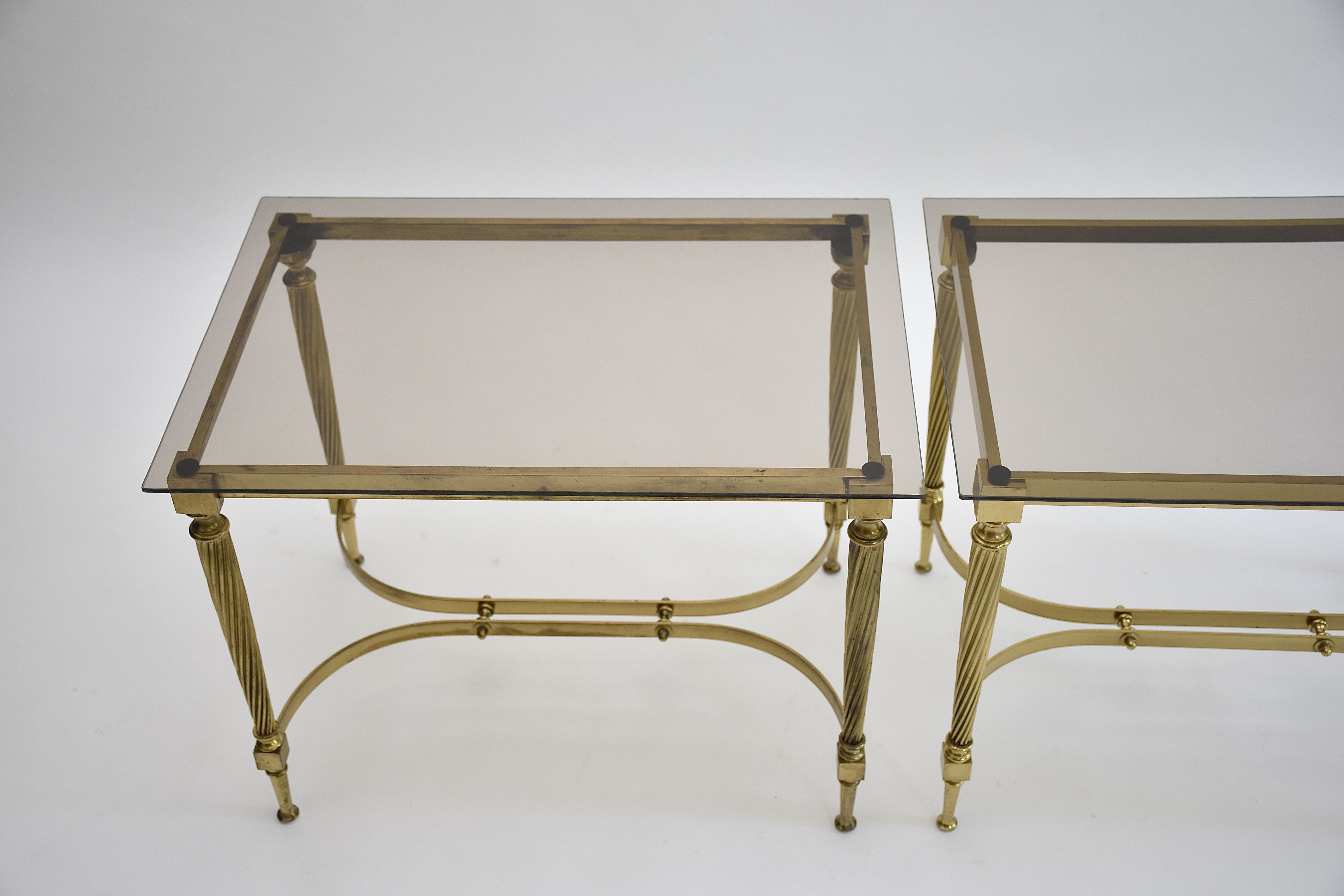 Mid-century pair gilt brass and glass side tables