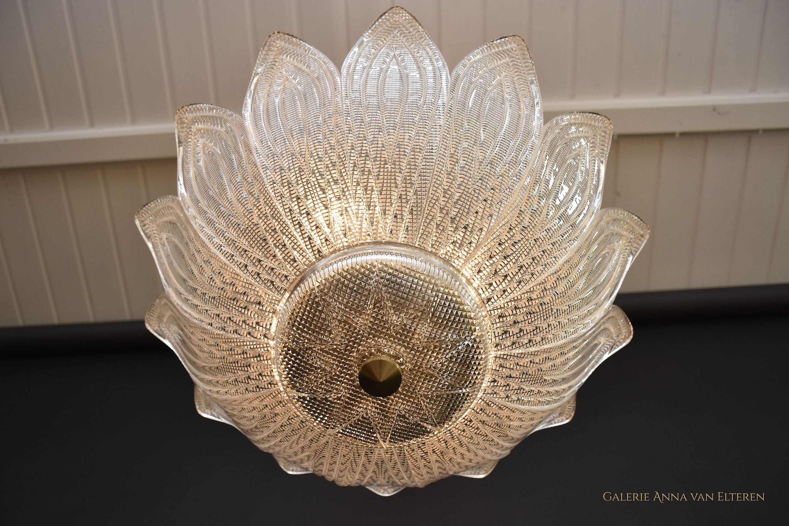 Mid 20th c. art glass & brass ceiling fixture/ chandelier by Carl Fagerlund