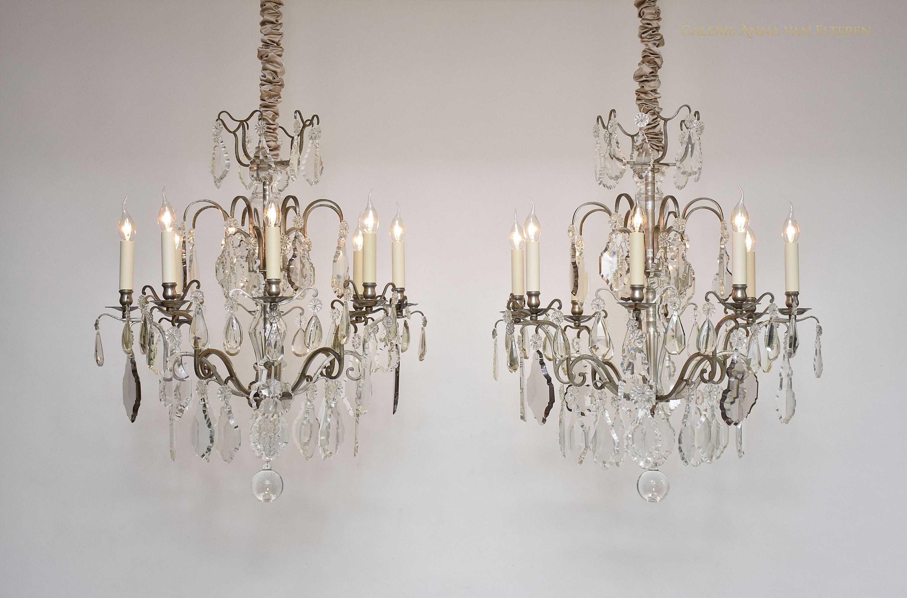 Pair antique French silvered crystal chandeliers