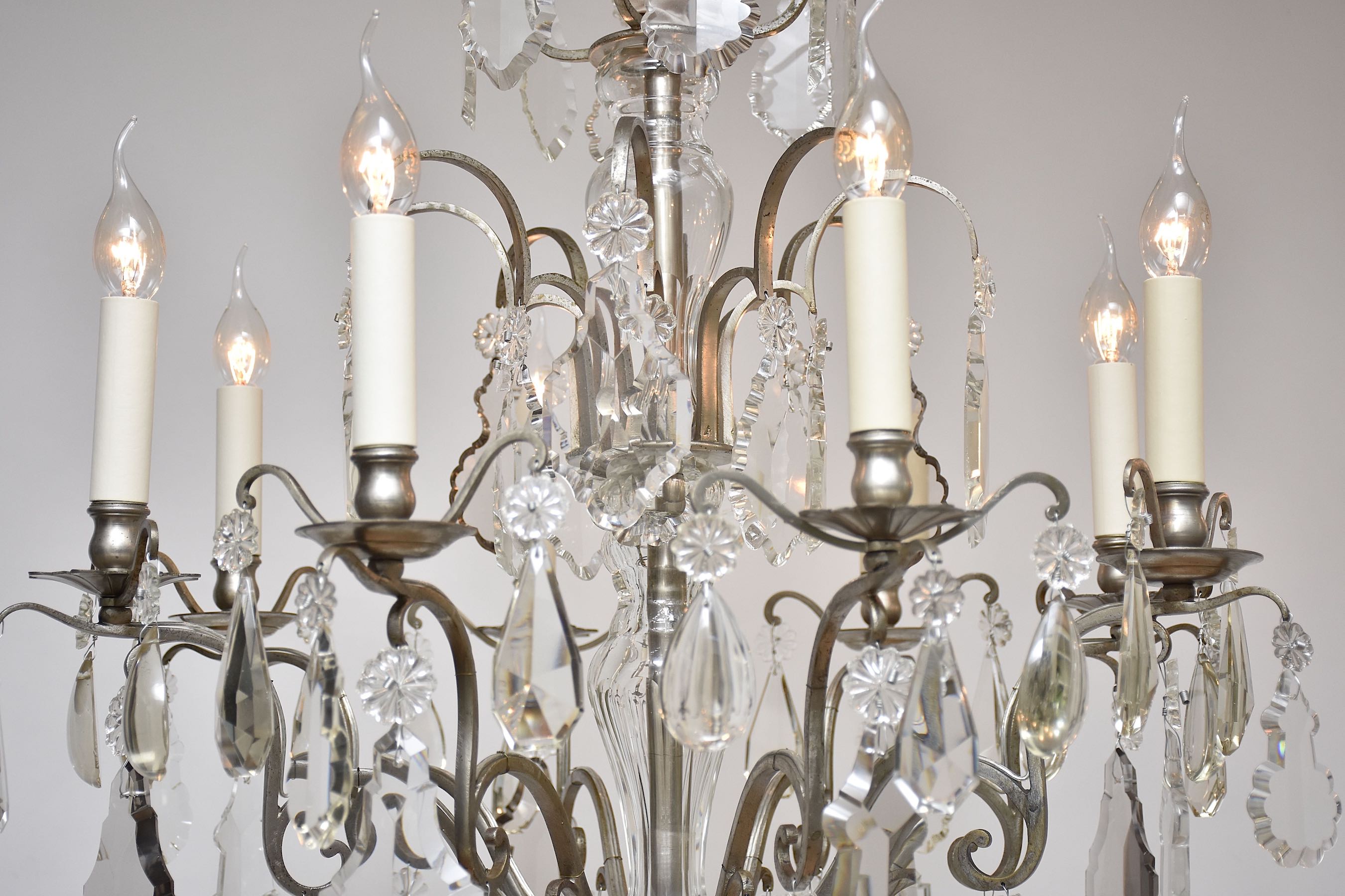 Pair antique French silvered crystal chandeliers