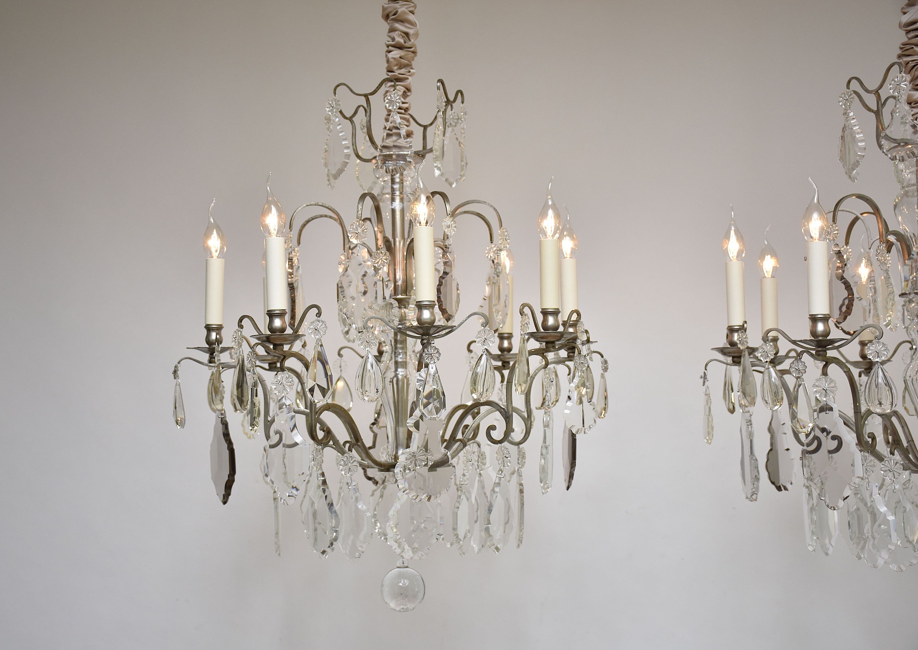 Pair antique French silvered crystal chandeliers