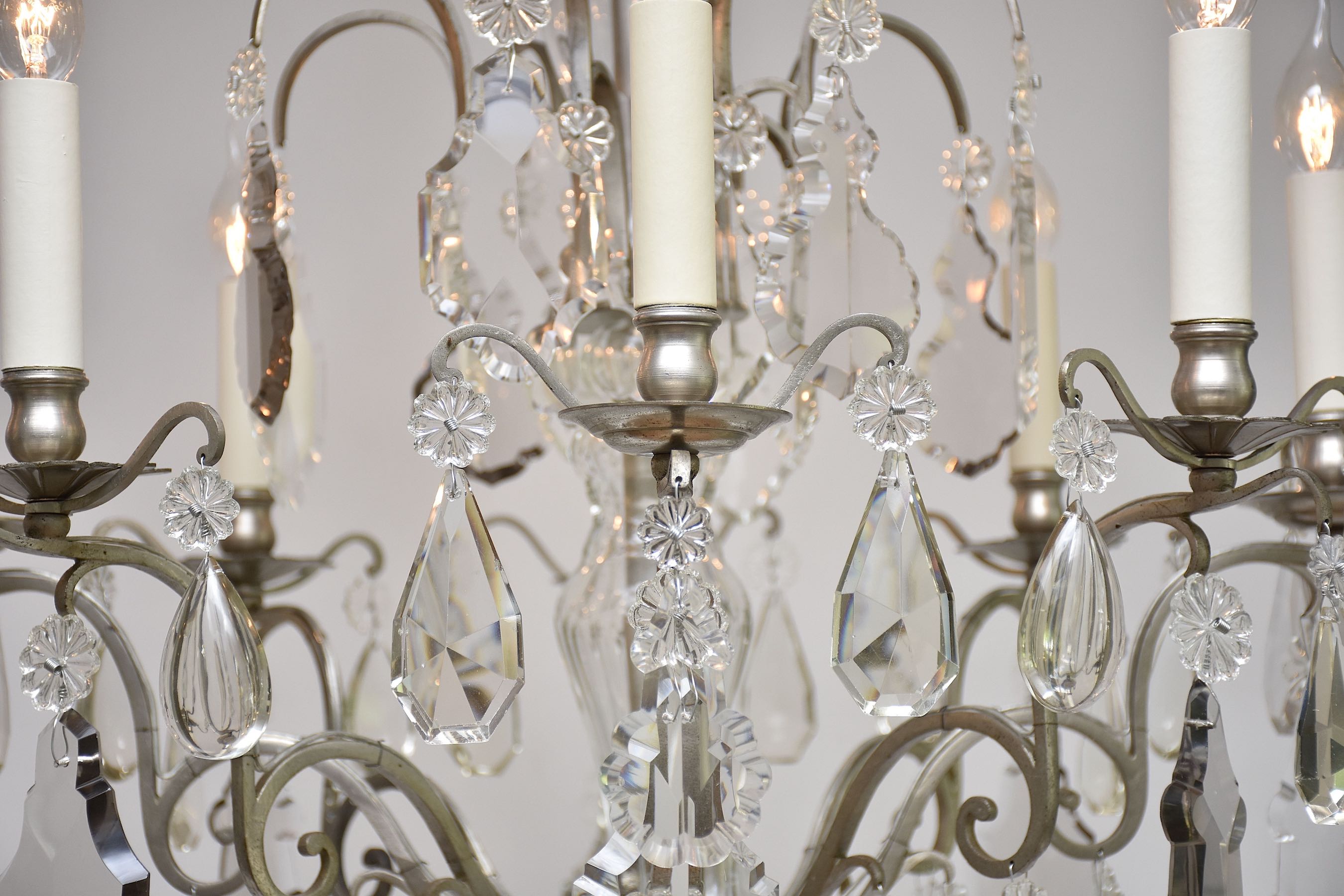 Pair antique French silvered crystal chandeliers