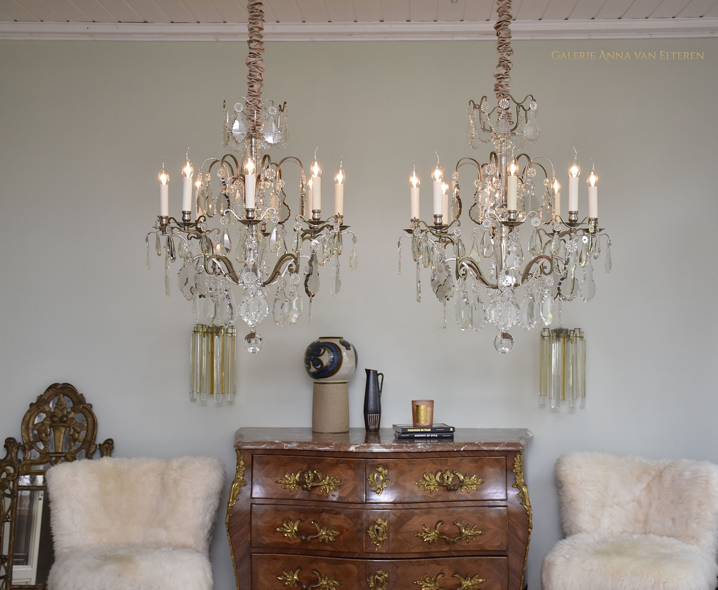 Pair antique French silvered crystal chandeliers