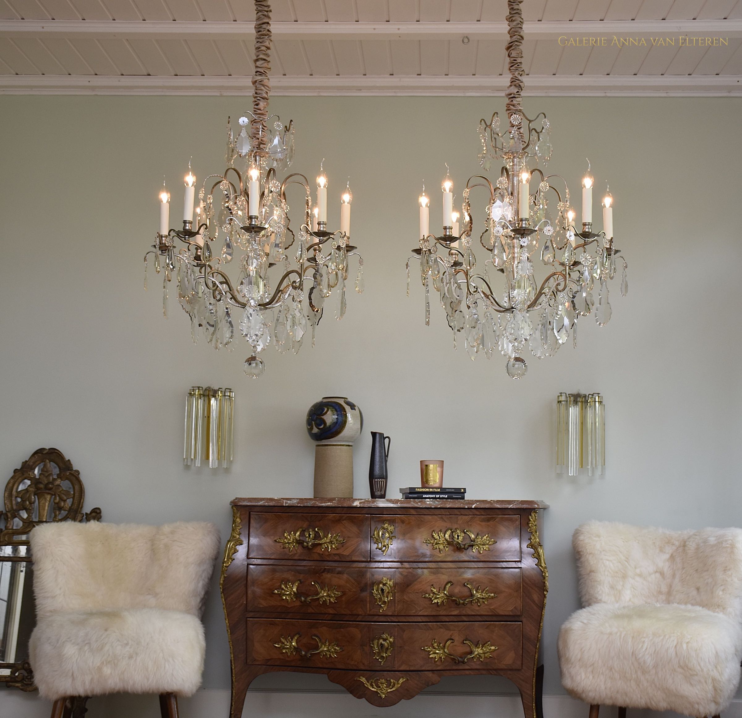 Pair antique French silvered crystal chandeliers