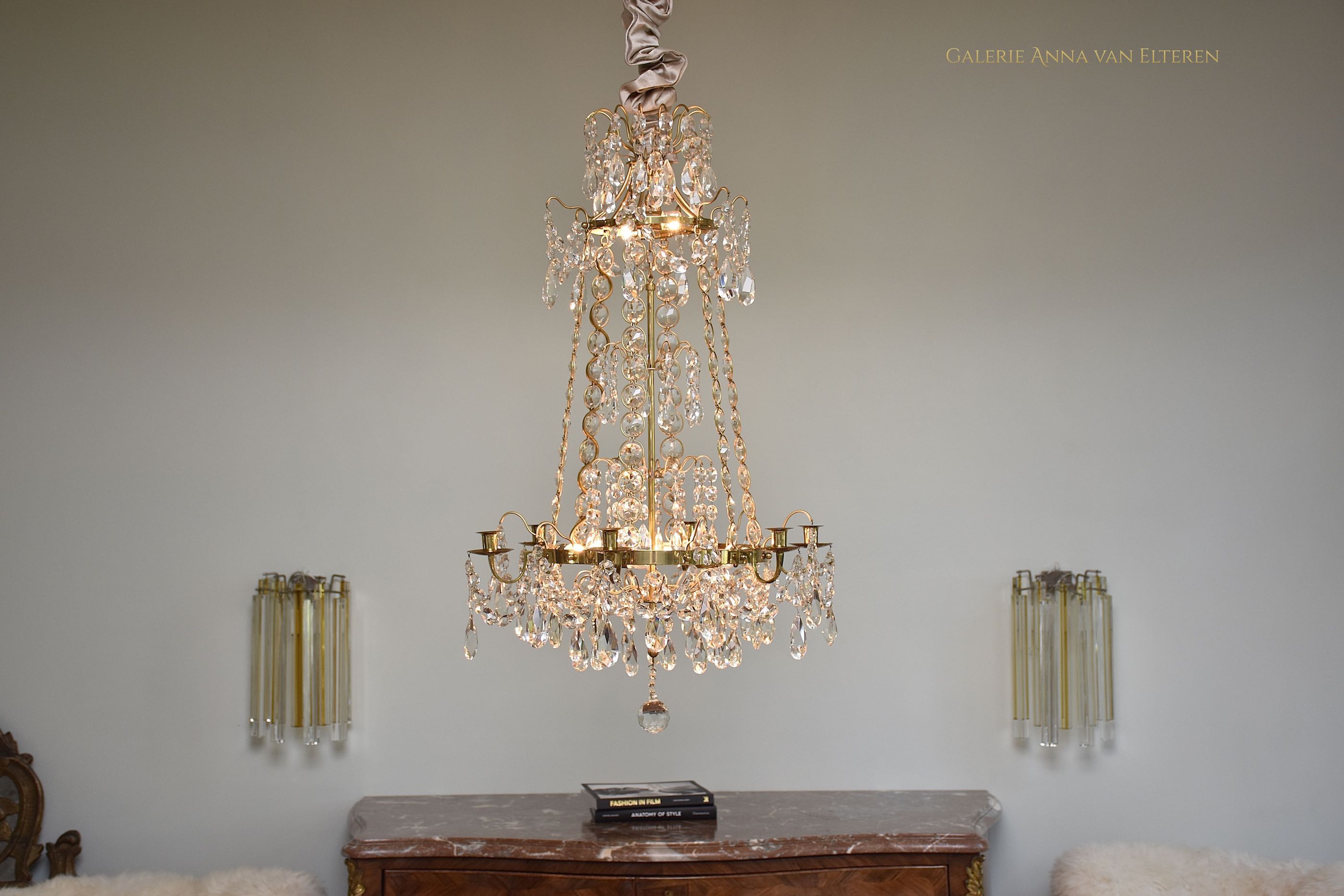 Gilt brass and crystal Gustavian style chandelier