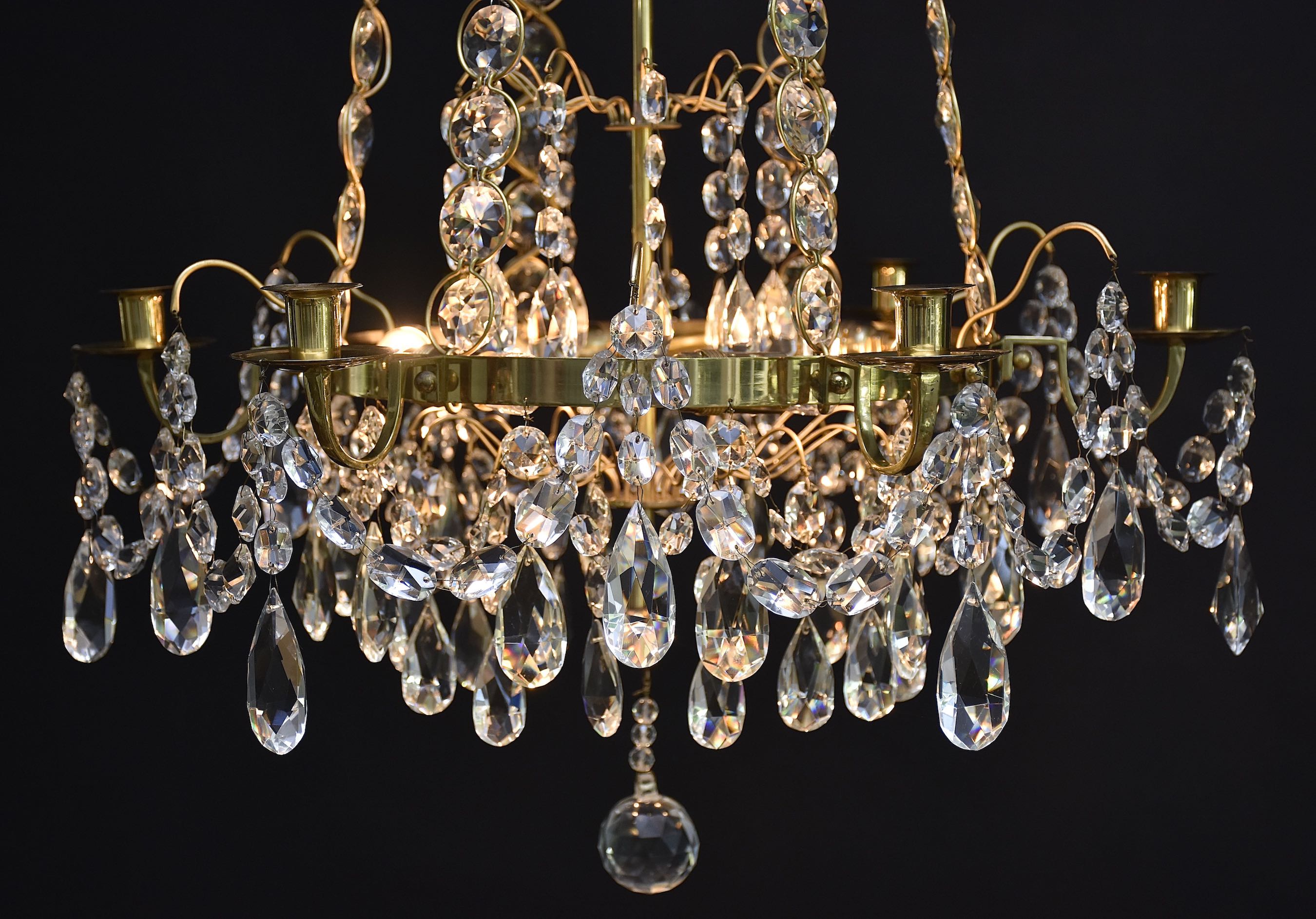 Gilt brass and crystal Gustavian style chandelier