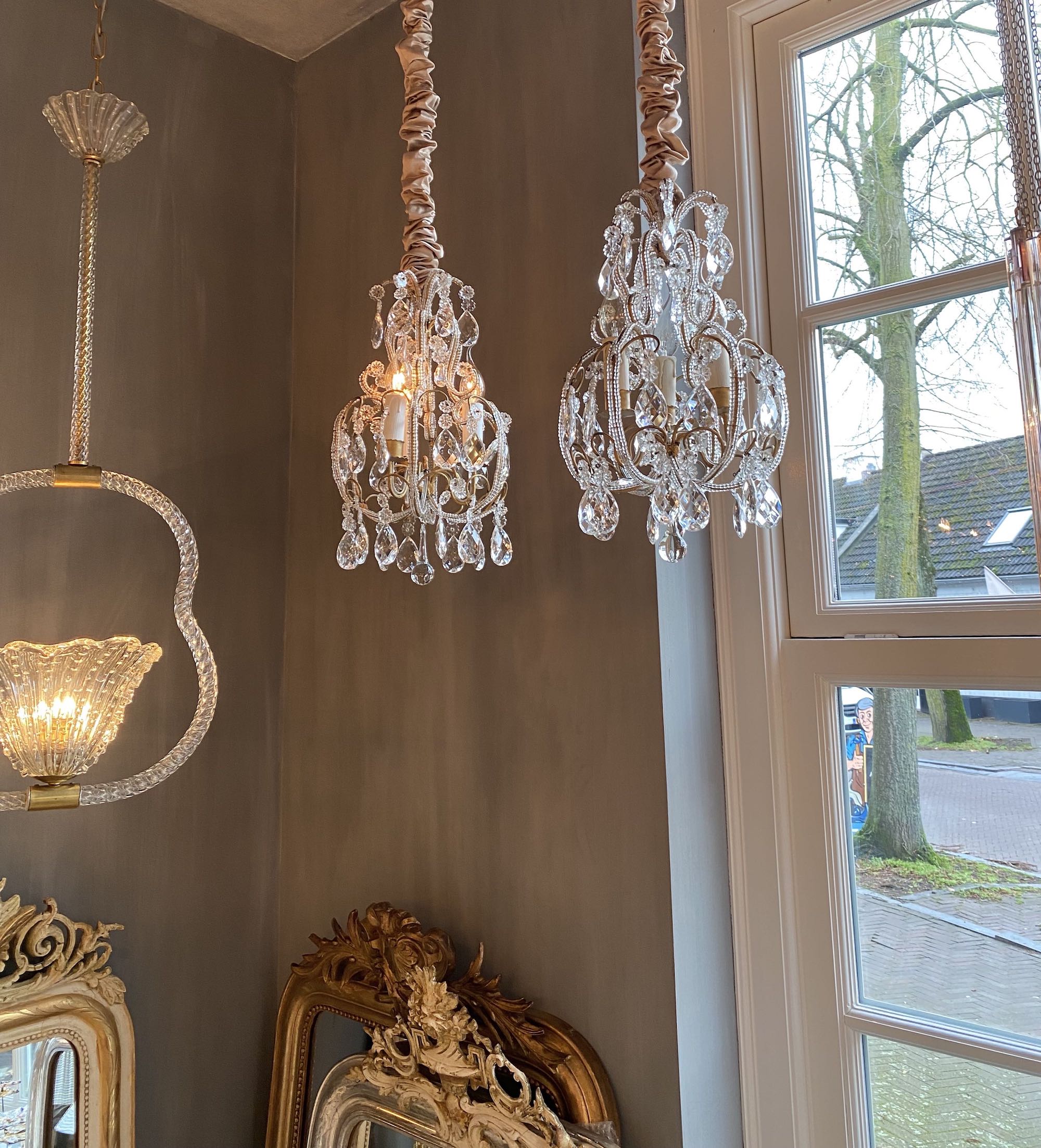 Pair Italian beaded crystal chandeliers