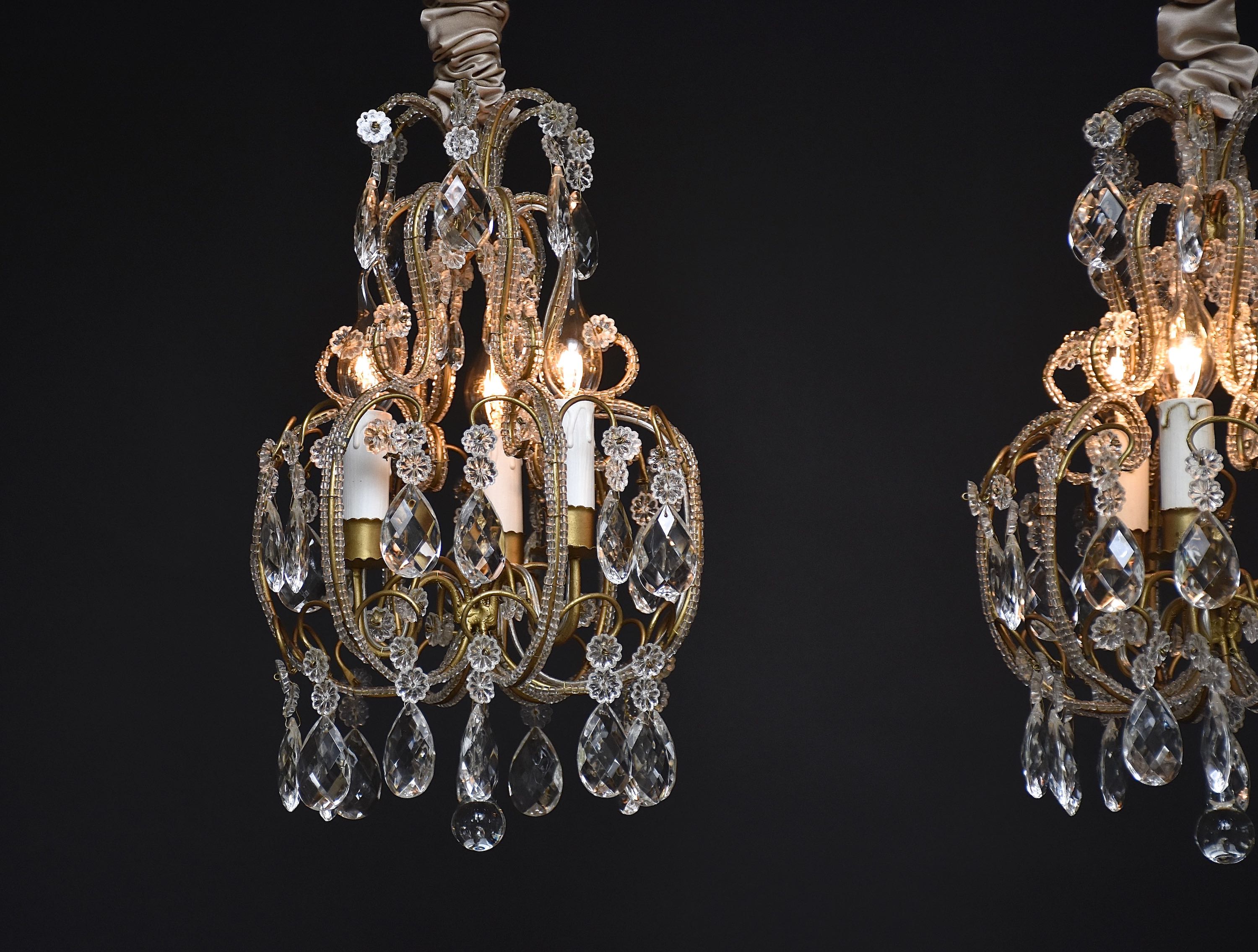 Pair Italian beaded crystal chandeliers