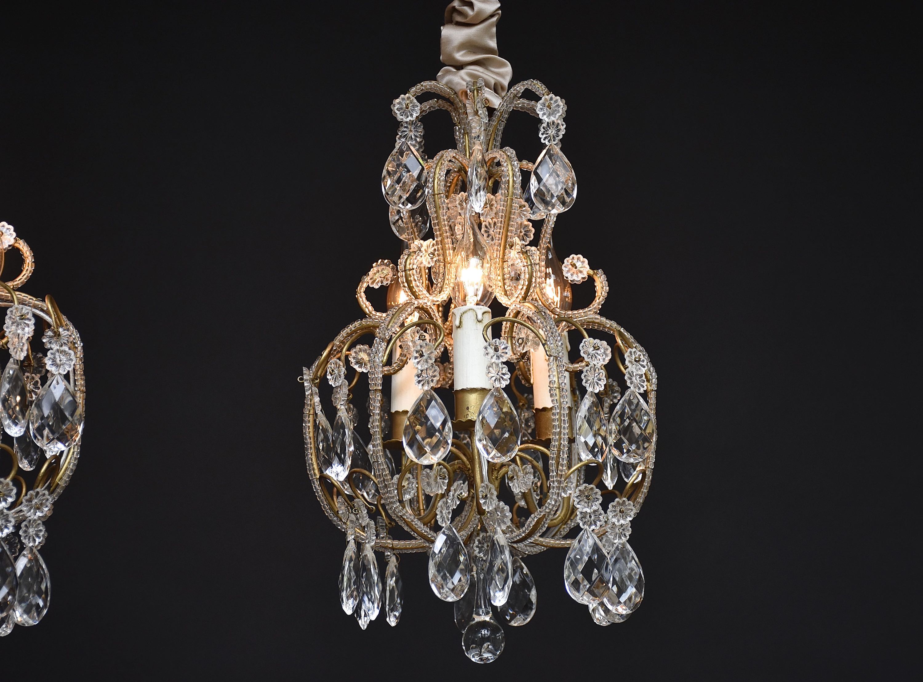 Pair Italian beaded crystal chandeliers