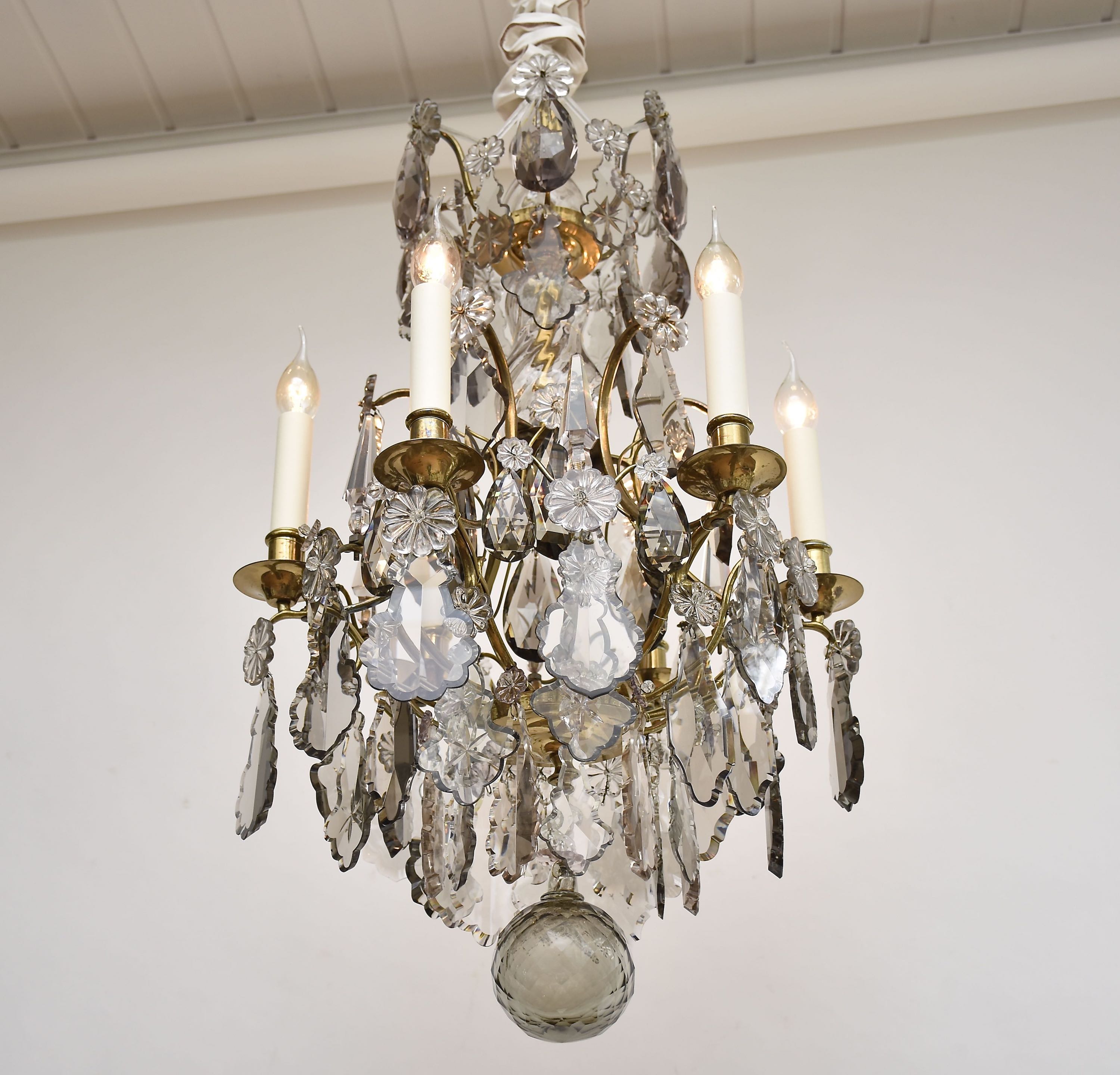 Rococo style brass and crystal chandelier