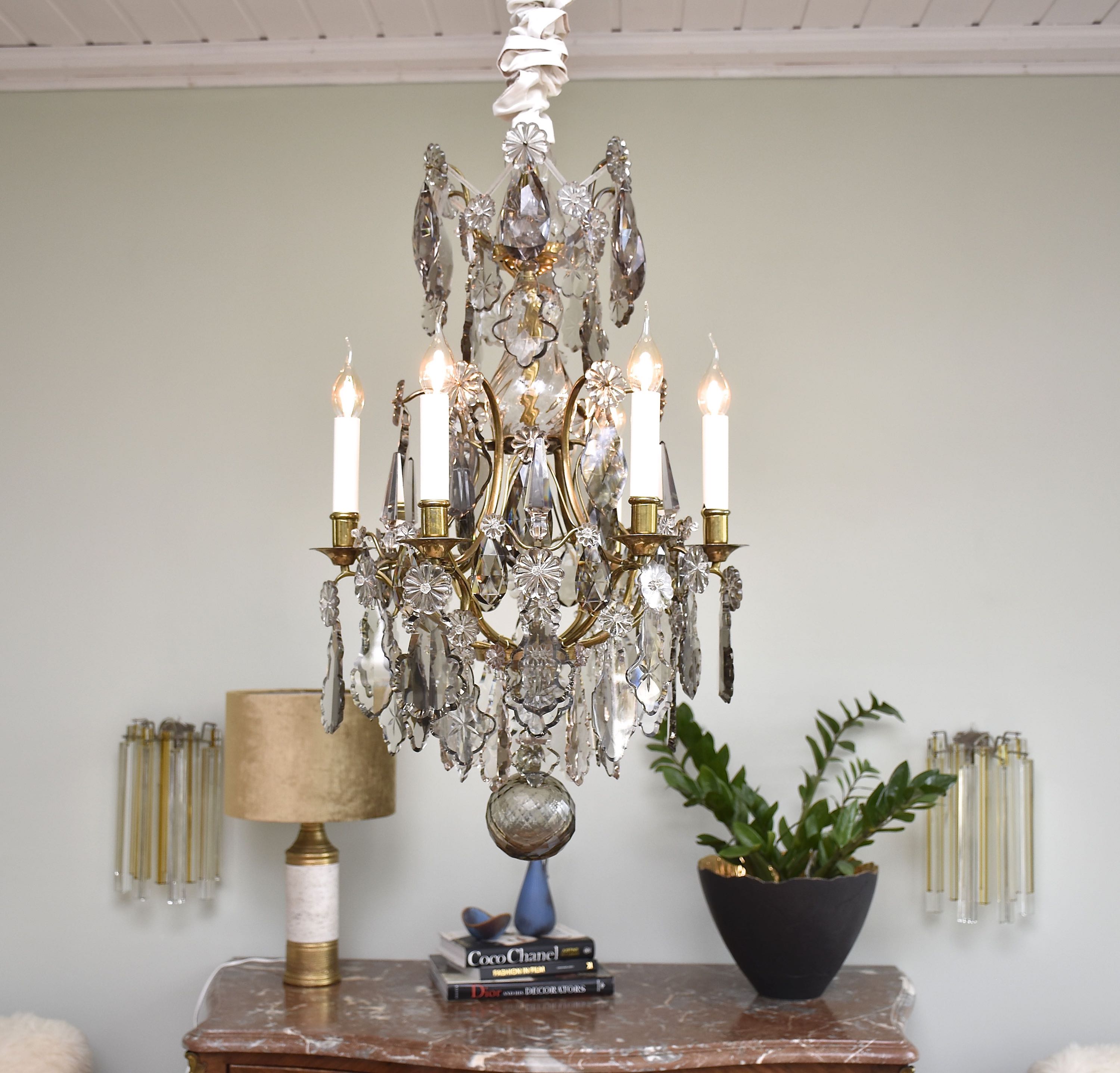 Rococo style brass and crystal chandelier